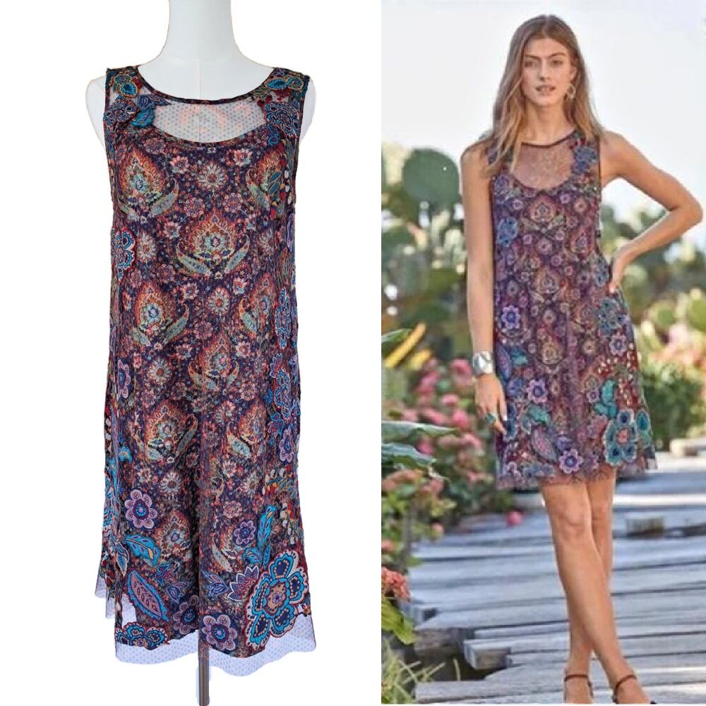 SUNDANCE Palace Tapestry Floral Embroidered Mesh Dress Medium Sleeveless Shift